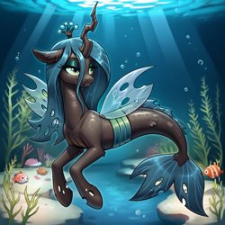 Size: 1024x1024 | Tagged: safe, imported from derpibooru, queen chrysalis, changeling, fish, seapony (g4), ai content, ai generated, bubble, coral, crepuscular rays, crown, cute, dorsal fin, female, fin, fin wings, fins, fish tail, flowing mane, flowing tail, g4, generator:pony diffusion v6 xl, generator:stable diffusion, horn, jewelry, lidded eyes, ocean, prompter:thelight3d, regalia, scales, seaponified, seapony chrysalis, seaweed, slender, smiling, solo, species swap, sunlight, swimming, tail, thin, underwater, water, wings