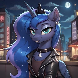 Size: 1024x1024 | Tagged: safe, imported from derpibooru, princess luna, alicorn, pony, ai content, ai generated, chest fluff, choker, city, clothes, ear fluff, ear piercing, earring, female, generator:pony diffusion v6 xl, generator:stable diffusion, jacket, jewelry, looking at you, mare, moon, night, piercing, prompter:thelight3d, solo