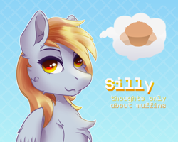 Size: 2500x2000 | Tagged: safe, artist:divori, imported from derpibooru, derpy hooves, pegasus, pony, abstract background, female, food, gradient background, looking at you, mare, muffin, patterned background, silly, silly pony, solo, thinking, yellow eyes