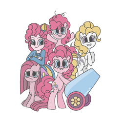 Size: 1080x1080 | Tagged: safe, artist:frausekiya, imported from derpibooru, pinkie pie, surprise, earth pony, pegasus, pony, equestria girls, female, filly, filly pinkie pie, foal, frown, g1, grin, mare, multeity, party cannon, pinkamena diane pie, self paradox, self ponidox, simple background, smiling, too much pink energy is dangerous, white background, younger