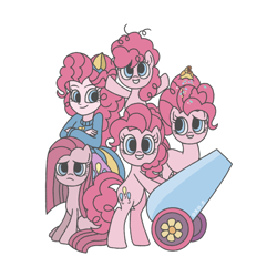 Size: 1080x1080 | Tagged: safe, alternate version, artist:frausekiya, imported from derpibooru, pinkie pie, earth pony, pony, equestria girls, female, filly, filly pinkie pie, foal, frown, grin, mare, multeity, older, older pinkie pie, party cannon, pinkamena diane pie, self paradox, self ponidox, simple background, smiling, too much pink energy is dangerous, white background, younger