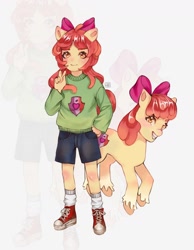 Size: 1400x1800 | Tagged: safe, artist:willyjoy, imported from derpibooru, apple bloom, earth pony, human, pony, equestria girls, clothes, eared humanization, female, filly, foal, grin, human ponidox, humanized, self paradox, self ponidox, shoes, shorts, smiling, socks, sweater, unshorn fetlocks, zoom layer