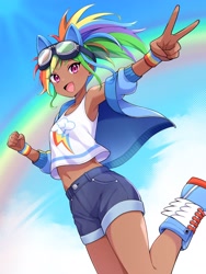 Size: 2250x3000 | Tagged: safe, artist:ohuonn89, imported from derpibooru, kotobukiya, rainbow dash, human, clothes, cute, dark skin, goggles, humanized, jacket, kotobukiya rainbow dash, peace sign, rainbow, shirt, shorts