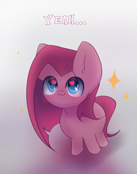 Size: 2000x2550 | Tagged: safe, artist:miryelis, imported from derpibooru, pinkie pie, earth pony, pony, chibi, cute, gray background, pinkamena diane pie, simple background, smiling, smol, solo, sparkles, text