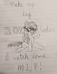 Size: 2540x3314 | Tagged: safe, artist:sewaddle36, derpibooru exclusive, imported from derpibooru, rainbow dash, pegasus, pony, 20% cooler, female, lined paper, note, pencil drawing, sitting, smiling, solo, sunglasses, traditional art