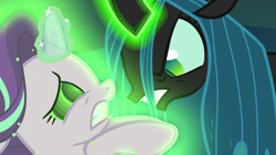 Size: 1280x720 | Tagged: safe, artist:14oliverhedgehog, edit, edited screencap, imported from derpibooru, screencap, queen chrysalis, starlight glimmer, changeling, changeling queen, pony, unicorn, to where and back again, alternate ending, alternate scenario, bad end, duo, female, glowing, glowing horn, gritted teeth, horn, hypnosis, hypnotized, looking at each other, looking at someone, magic, magic aura, mare, scared, teeth