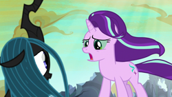 Size: 1280x720 | Tagged: safe, artist:14oliverhedgehog, edit, edited screencap, imported from derpibooru, screencap, queen chrysalis, starlight glimmer, changeling, changeling queen, pony, unicorn, to where and back again, alternate ending, alternate scenario, body swap, duo, female, horn, looking at each other, looking at someone, mare, open mouth, sad