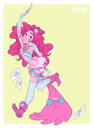 Size: 762x1048 | Tagged: dead source, safe, alternate version, artist:skirtzzz, imported from derpibooru, part of a set, pinkie pie, human, armpits, bandeau, boots, breasts, card, clothes, crossover, delicious flat chest, dignified wear, dress, dressphere, evening gloves, female, final fantasy, final fantasy x-2, gala dress, gloves, humanized, long gloves, midriff, miniskirt, pony coloring, shoes, skirt, socks, solo, thigh highs, tongue out