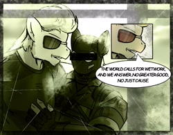 Size: 2048x1599 | Tagged: safe, artist:chaosmauser, oc, oc only, anthro, dialogue, glasses, kazuhira miller, male, metal gear, metal gear solid 5, military uniform, tactical vest