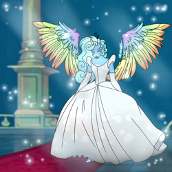 Size: 1280x1280 | Tagged: safe, artist:xoxastraart, imported from derpibooru, oc, oc only, oc:jemimasparkle, anthro, carpet, cinderella, clothes, cute, dress, evening gloves, eyes closed, female, glass slipper (footwear), gloves, gown, grin, long gloves, ocbetes, poofy shoulders, red carpet, smiling, solo, sparkles, spread wings, wings