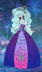 Size: 1280x2188 | Tagged: safe, artist:xoxastraart, imported from derpibooru, oc, oc only, oc:jemimasparkle, human, equestria girls, clothes, crown, cute, dress, evening gloves, female, gloves, gown, jewelry, lipstick, long gloves, ocbetes, poofy shoulders, regalia, solo, starry night