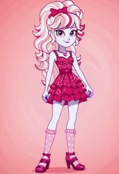 Size: 1160x1696 | Tagged: safe, imported from derpibooru, equestria girls, ai content, ai generated, bow, candi (wild manes), clothes, dress, equestria girls-ified, eyeshadow, female, gradient background, jewelry, lipstick, looking at you, makeup, necklace, smiling, smiling at you, socks, solo, wild manes