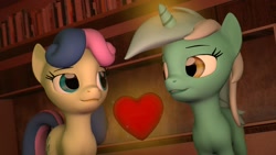 Size: 1920x1080 | Tagged: safe, artist:midnightdanny, bon bon, lyra heartstrings, sweetie drops, pony, 3d, female, heart, looking at each other, mare