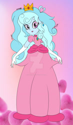 Size: 1280x2188 | Tagged: safe, artist:xoxastraart, imported from derpibooru, oc, oc only, oc:jemimasparkle, human, equestria girls, clothes, crown, curtsey, cute, dress, ear piercing, earring, evening gloves, female, gloves, gown, jewelry, lipstick, long gloves, ocbetes, piercing, princess peach, regalia, smiling, solo, super mario bros.