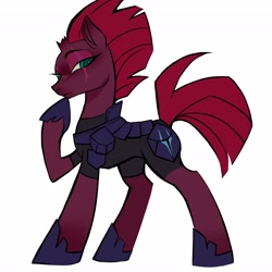 Size: 4096x4096 | Tagged: safe, artist:qianjibahe, imported from derpibooru, tempest shadow, pony, unicorn, armor, broken horn, concave belly, female, horn, looking sideways, mare, raised hoof, scar, simple background, slender, solo, tail, thin, white background