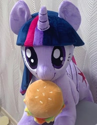 Size: 933x1199 | Tagged: safe, artist:mdcraft10, imported from derpibooru, twilight sparkle, alicorn, pony, burger, female, food, irl, mare, photo, plushie, solo, twilight burgkle, twilight sparkle (alicorn)