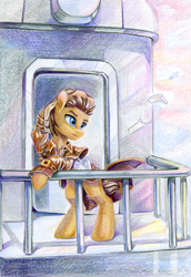 Size: 861x1255 | Tagged: safe, artist:maytee, imported from derpibooru, doctor whooves, time turner, earth pony, pony, clothes, colored pencil drawing, commission, hat, solo, traditional art, train, trenchcoat