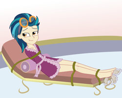 Size: 2500x2000 | Tagged: safe, artist:nie-martw-sie-o-mnie, imported from derpibooru, part of a set, indigo zap, human, equestria girls, bathrobe, bondage, clothes, feather, feet, female, foot tickling, goggles, goggles on head, robe, rope, rope bondage, solo, spa, tickling, tied down