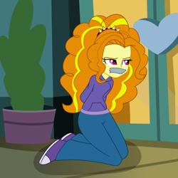 Size: 2000x2000 | Tagged: safe, artist:nie-martw-sie-o-mnie, imported from derpibooru, part of a set, adagio dazzle, human, equestria girls, clothes, denim, gag, hands behind back, hoodie, jeans, kneeling, narrowed eyes, pants, tape, tape gag