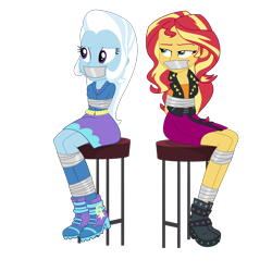 Size: 3000x3000 | Tagged: safe, artist:nie-martw-sie-o-mnie, imported from derpibooru, sunset shimmer, trixie, human, equestria girls, bondage, boots, clothes, duo, female, gag, hands behind back, narrowed eyes, shoes, sitting, skirt, tape, tape bondage, tape gag