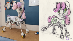 Size: 5952x3347 | Tagged: safe, artist:teakay-c-ii-r, derpibooru exclusive, imported from derpibooru, sweetie belle, oc, oc only, oc:sweetie bot 2560, pony, robot, robot pony, unicorn, :p, electronics, gears, horn, photo, redraw, servo, solo, sweetie bot, tongue out, wires