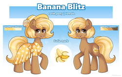 Size: 6500x4098 | Tagged: safe, artist:madelinne, imported from derpibooru, oc, oc:banana blitz, earth pony, bow, brown coat, clothes, dress, ear fluff, earth pony oc, flower, flower in hat, hat, multicolored hair, open mouth, polka dots, reference sheet, sun hat, yellow mane