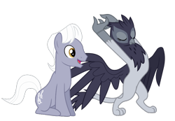 Size: 796x551 | Tagged: safe, edit, imported from derpibooru, vector edit, giselle, irma, royal riff, earth pony, griffon, pony, duo, duo male and female, female, interspecies, male, open mouth, open smile, riffelle, shipping, smiling, stallion, straight, stretching, vector