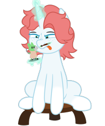 Size: 2500x3000 | Tagged: safe, artist:besttubahorse, imported from derpibooru, oc, oc only, oc:whimsical wishes, unicorn, figurine, horn, magic, paintbrush, simple background, sitting, squint, stool, telekinesis, tongue out, transparent background, vector