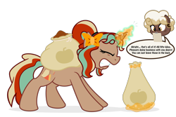 Size: 3000x2000 | Tagged: safe, artist:besttubahorse, imported from derpibooru, oc, oc only, oc:sweet mocha, oc:trisha, pegasus, pony, unicorn, clipboard, eyes closed, floating head, gritted teeth, horn, magic, sack, simple background, speech bubble, teeth, telekinesis, transparent background, vector