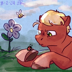 Size: 2048x2048 | Tagged: safe, artist:flurryheart04, imported from derpibooru, sprout cloverleaf, bee, earth pony, insect, ladybug, pony, flower, g5, high res, male, solo, stallion, unshorn fetlocks