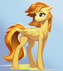 Size: 2448x2768 | Tagged: safe, artist:sierraex, imported from derpibooru, spitfire, pegasus, pony, alternate hairstyle, eyebrows, female, folded wings, gradient background, high res, long legs, looking back, mare, smiling, solo, wings