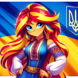 Size: 1024x1024 | Tagged: safe, imported from derpibooru, sunset shimmer, equestria girls, ai content, ai generated, flag, solo, ukraine