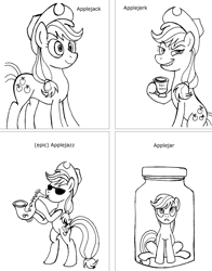 Size: 2481x3170 | Tagged: safe, artist:fleximusprime, imported from derpibooru, applejack, earth pony, pony, applejerk, black and white, evil grin, grayscale, grin, hat, implied rarity, jar, lewd container meme, monochrome, musical instrument, saxophone, simple background, smiling, smirk, solo, sunglasses, white background, your tears are delicious