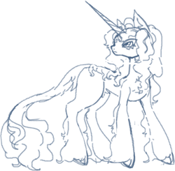 Size: 1086x1065 | Tagged: safe, artist:junniepiepoopop, imported from derpibooru, oc, oc only, oc:pillow lace, classical unicorn, pony, unicorn, cloven hooves, concave belly, ear fluff, eyelashes, frown, horn, leg fluff, leonine tail, long horn, long mane male, long tail, male, male oc, monochrome, profile, scrapped, simple background, sketch, slender, stallion, stallion oc, standing, tail, tail fluff, thin, unicorn horn, unicorn oc, unshorn fetlocks, wavy mane, wavy tail, white background