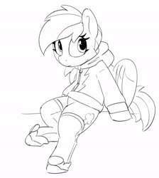 Size: 1835x2048 | Tagged: safe, artist:pabbley, imported from derpibooru, rainbow dash, pegasus, pony, black and white, clothes, female, grayscale, hoodie, mare, monochrome, shoes, simple background, sitting, sneakers, socks, solo, thigh highs, white background