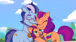 Size: 5225x2939 | Tagged: safe, artist:dawkinsdalmatian, edit, edited screencap, imported from derpibooru, screencap, sunny starscout, earth pony, argyle starshine, father and child, father and daughter, female, filly, filly sunny starscout, g5, implied time travel, incest, male, mane stripe sunny, my little pony: tell your tale, self paradox, shipping, straight, sunny starshine, younger