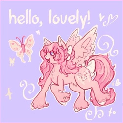 Size: 904x903 | Tagged: safe, artist:junniepiepoopop, imported from derpibooru, oc, oc only, oc:lisa, butterfly, pegasus, pony, bangs, bow, chest fluff, colored eyelashes, colored hooves, colored wings, ear fluff, female, floating heart, gradient legs, gradient wings, hair accessory, heart, heart mark, hock fluff, hooves, looking at something, mane accessory, mare, no pupils, open mouth, open smile, pink coat, pink eyelashes, pink mane, pink tail, pink text, ponysona, profile, pubic fluff, purple background, purple eyes, raised hoof, raised leg, simple background, smiling, solo, sparkles, spread wings, striped mane, striped tail, tail, tail bow, text, two toned mane, two toned tail, unshorn fetlocks, wavy mane, wavy tail, white bow, white hooves, wings