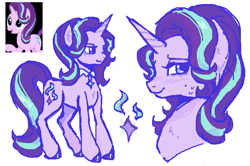 Size: 687x456 | Tagged: safe, artist:junniepiepoopop, imported from derpibooru, starlight glimmer, pony, unicorn, blue eyes, blush scribble, blushing, bust, chest fluff, collar, colored hooves, ear fluff, eyelashes, female, hooves, horn, lidded eyes, looking back, mare, pink coat, purple hooves, reference used, shiny hooves, simple background, slender, smiling, solo, standing, sweat, sweatdrop, tail, thin, thin legs, two toned mane, two toned tail, unicorn horn, wavy mane, wavy tail, white background