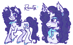 Size: 685x426 | Tagged: safe, artist:junniepiepoopop, imported from derpibooru, rarity, pony, unicorn, alternate design, alternate eye color, beauty mark, blue eyeshadow, blue hooves, bust, chest fluff, colored eyebrows, colored hooves, curly mane, curly tail, cutie mark accessory, cutie mark earrings, ear fluff, ear piercing, earring, eyebrows, eyebrows visible through hair, eyelashes, eyeshadow, female, fetlock tuft, hair over one eye, hooves, horn, jewelry, lipstick, long mane, long tail, makeup, mare, neckerchief, nose blush, open mouth, open smile, piercing, purple eyes, purple lipstick, purple mane, purple tail, purple text, raised hoof, shiny hooves, simple background, smiling, solo, standing on three hooves, tail, thin legs, unicorn horn, white background, white coat