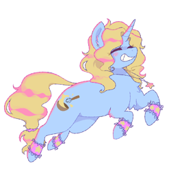 Size: 2000x2000 | Tagged: safe, artist:pretzelprince, imported from derpibooru, oc, oc only, oc:star batter, pony, unicorn, artfight, big grin, blonde mane, blonde tail, blue coat, blush scribble, blushing, chest fluff, colored eyelashes, ear fluff, eye clipping through hair, eyelashes, eyes closed, female, female oc, gift art, grin, halftone, high res, hock fluff, horn, jewelry, lace, magenta eyelashes, mare, mare oc, necklace, ponysona, raised hooves, screentone, shiny mane, shiny tail, simple background, smiling, solo, tail, tied tail, transparent background, unicorn horn, unicorn oc, wavy mane, wavy tail, wristband