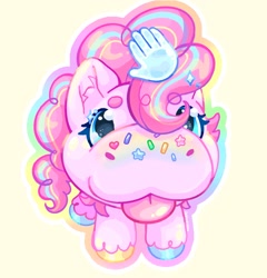 Size: 1963x2048 | Tagged: safe, artist:ibbledribble, imported from derpibooru, pinkie pie, earth pony, pony, :3, :p, alternate design, alternate mane color, beanbrows, blue eyes, colored eyebrows, colored hooves, curly mane, cursor, cute, diapinkes, eyebrows, eyebrows visible through hair, eyelashes, female, food, food on face, foreshortening, hooves, lighter coat, looking at you, mare, mismatched hooves, multicolored hooves, petting, pink coat, rainbow, shiny eyes, simple background, solo, sparkly eyelashes, sparkly mane, sprinkles, sticker design, striped mane, three toned mane, tongue out, wingding eyes, yellow background