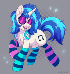 Size: 2035x2173 | Tagged: safe, artist:skysorbett, imported from derpibooru, dj pon-3, vinyl scratch, pony, unicorn, chest fluff, clothes, female, glasses, headphones, horn, mare, open mouth, raised hoof, socks, solo, sparkles, striped socks