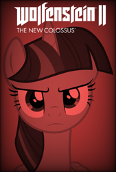 Size: 1575x2331 | Tagged: safe, artist:edy_january, artist:timelordomega, edit, editor:edy january, imported from derpibooru, twilight sparkle, alicorn, pony, logo, parody, poster, poster parody, red background, reference, serious, serious face, simple background, solo, twilight sparkle (alicorn), vector used, wolfenstein, wolfenstein 2 the new colossus