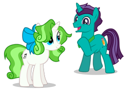 Size: 3262x2364 | Tagged: safe, artist:minty root, artist:stormdraws, edit, imported from derpibooru, oc, oc only, oc:corpulent brony, oc:minty root, pony, unicorn, alternate hairstyle, aroused, blue bow, blue eyes, blue sclera, bow, bowtie, colored sclera, corpumint, duo, duo male and female, excited, female, female oc, green mane, green tail, hair accessory, hair bow, high res, horn, long mane, long tail, looking up, male, male oc, mane accessory, mare, mare oc, oc redesign, oc x oc, shadow, shipping, show accurate, simple background, smiling, stallion, stallion oc, standing, straight, tail, transparent background, vector, white background, white coat