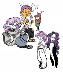 Size: 1803x2048 | Tagged: safe, artist:baegopayohungry, imported from derpibooru, apple bloom, rarity, scootaloo, sweetie belle, human, equestria girls, clothes, colored sketch, cutie mark crusaders, guitar, hoodie, musical instrument, simple background, singing, sketch, text, white background