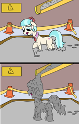 Size: 2000x3117 | Tagged: safe, artist:amateur-draw, imported from derpibooru, coco pommel, earth pony, pony, accident, cement, covered, female, gunge, sign, solo, wet and messy