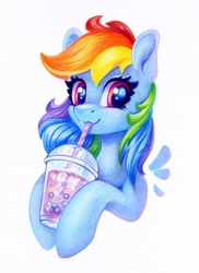 Size: 875x1200 | Tagged: safe, artist:maytee, imported from derpibooru, rainbow dash, pegasus, pony, bubble tea, bust, drink, portrait, simple background, smiling, solo, traditional art, white background