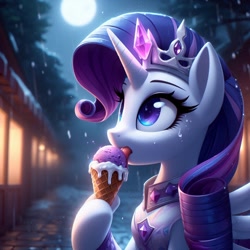 Size: 1024x1024 | Tagged: safe, imported from derpibooru, rarity, alicorn, pony, ai content, ai generated, clothes, crown, cute, eyes open, female, food, full moon, generator:bing image creator, generator:dall-e 3, horn, ice cream, jewelry, licking, mare, moon, night, outdoors, prompter:nightofcore, race swap, regalia, solo, spread wings, tongue out, wings