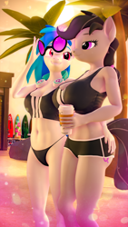 Size: 2880x5120 | Tagged: safe, artist:silkworm205, imported from derpibooru, dj pon-3, octavia melody, vinyl scratch, anthro, earth pony, unicorn, series:silkworm205's weekly artwork 2024, 3d, absurd resolution, adidas, alternate hairstyle, beach, big breasts, breast size difference, breasts, busty octavia melody, butt, clothes, coffee cup, cup, duo, duo female, female, floppy ears, fluffy mane, fluffy tail, hairband, hand on hip, horn, i'm not calling you good boy, lesbian, looking at someone, magic, medium support, meme, midriff, multicolored hair, palm tree, panties, reasonably sized breasts, revamped anthros, scratchtavia, selfie, shipping, shorts, size difference, source filmmaker, speech bubble, sports bra, sports shorts, summer, sun, sunglasses, tail, telekinesis, tree, underwear