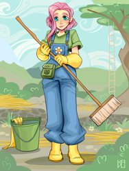 Size: 1200x1600 | Tagged: safe, artist:kavli-kaffel, imported from derpibooru, fluttershy, human, broom, bucket, clothes, gloves, grass, humanized, jumpsuit, rubber boots, rubber gloves, solo